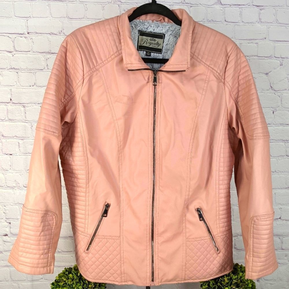 Royalty For Me Pink Pleather Biker Jacket With Faux Fur Lining